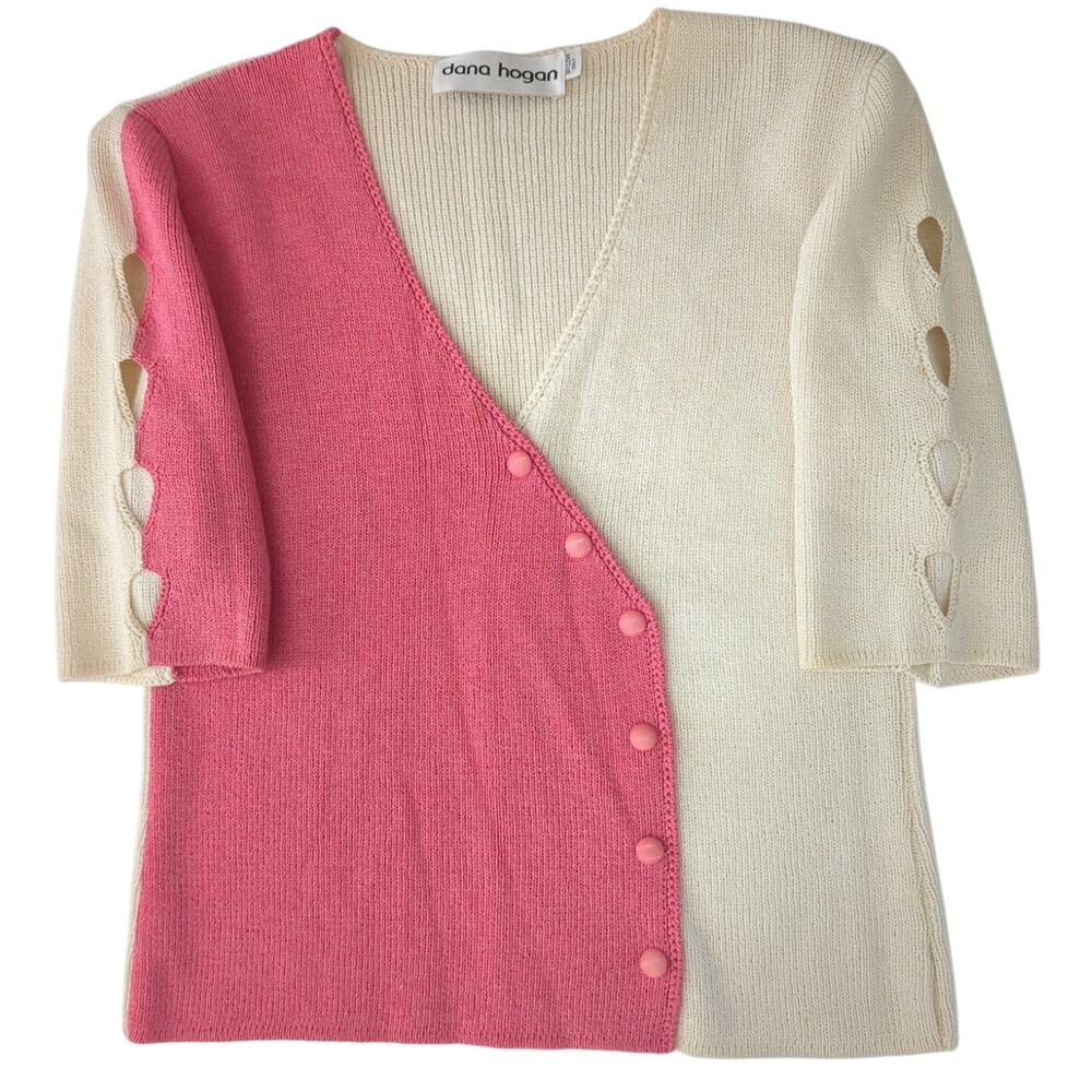 Dana Hogan Pink Cream Santana Knit Eyelet Short Slv Cardigan Size M Vintage 80s
